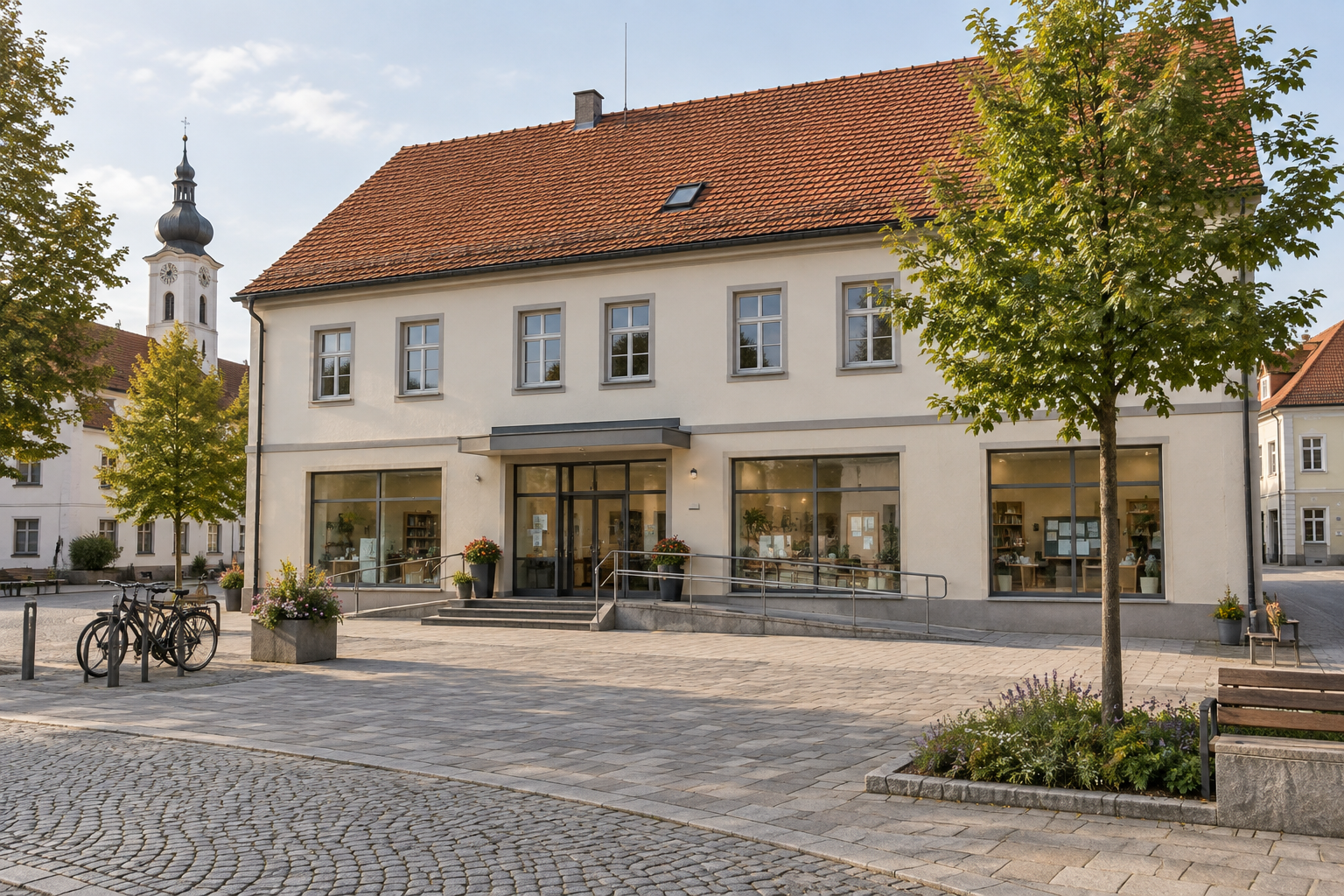 Geschäfts- und Gemeinschaftsräume an einem kleinen Ortsplatz