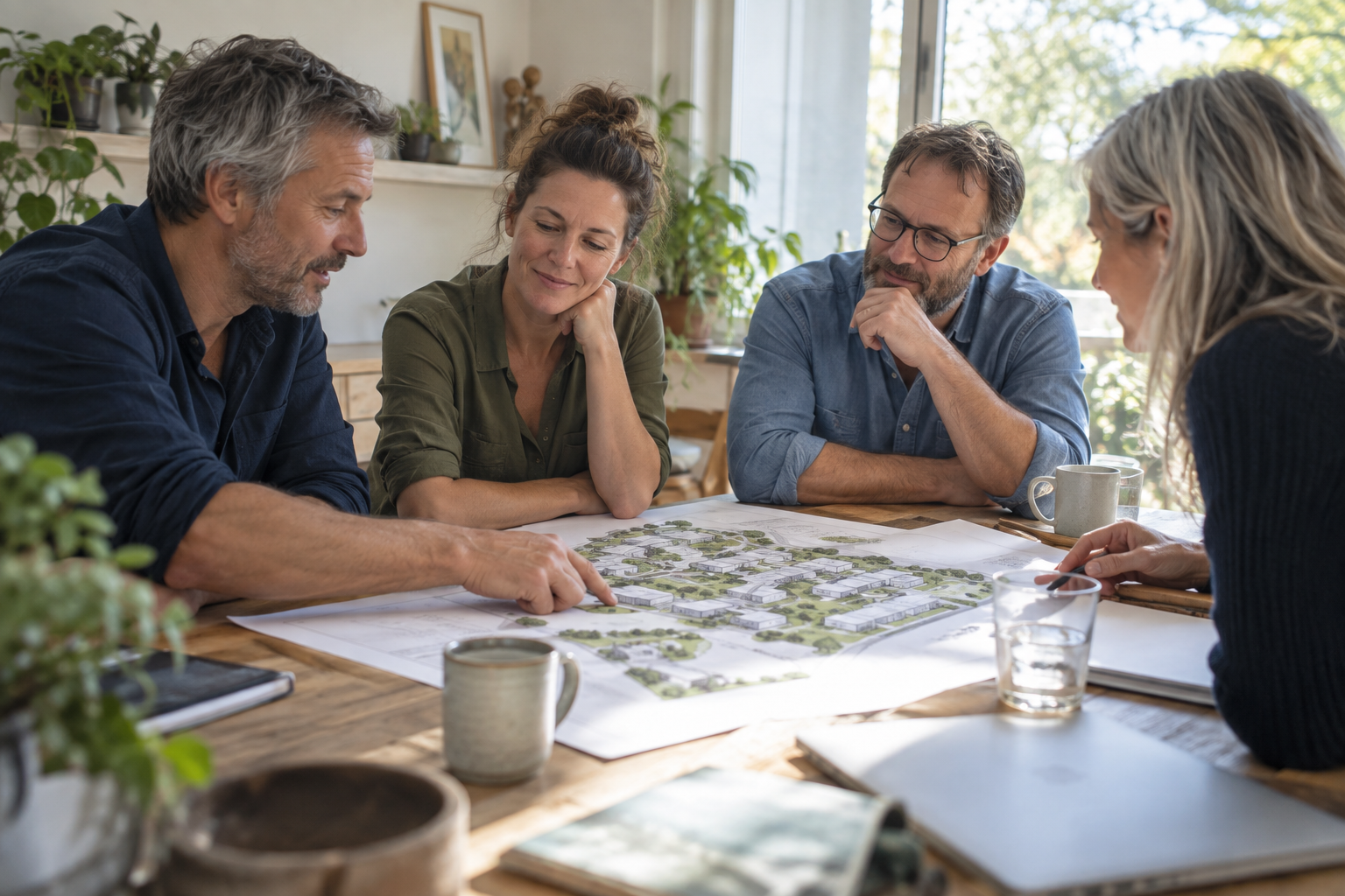 Vier Personen besprechen ein gemeinschaftliches Immobilienvorhaben